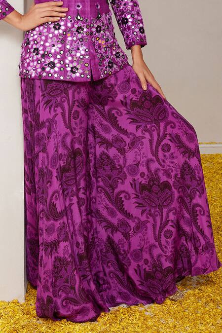 Buy_Nitara Dhanraj Label_Purple Silk, Crepe Mirrors, Sequins Floral Embroidered Jacket With Flared Pant _Online_at_Aza_Fashions
