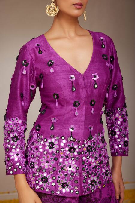 Shop_Nitara Dhanraj Label_Purple Silk, Crepe Mirrors, Sequins Floral Embroidered Jacket With Flared Pant _Online_at_Aza_Fashions