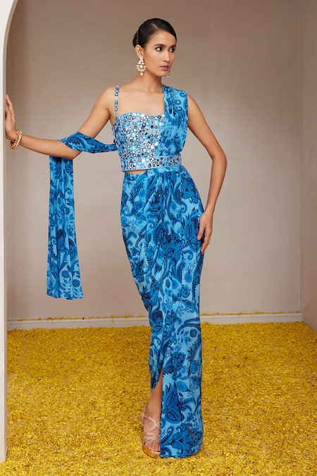 Nitara Dhanraj Label_Blue Silk, Crepe Mirrors Floral Mandala Print Pre-draped Saree With Blouse _Online_at_Aza_Fashions