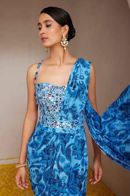 Shop_Nitara Dhanraj Label_Blue Silk, Crepe Mirrors Floral Mandala Print Pre-draped Saree With Blouse _Online_at_Aza_Fashions