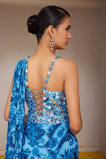 Buy_Nitara Dhanraj Label_Blue Silk, Crepe Mirrors Floral Mandala Print Pre-draped Saree With Blouse 