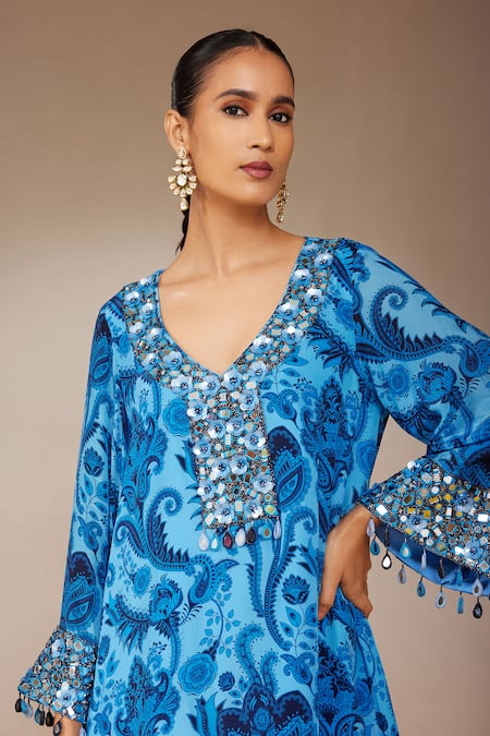 Nitara Dhanraj Label_Blue Crepe, Silk, Organza Embroidery, Floral Mandala Print Kurta And Pant Set _Online_at_Aza_Fashions