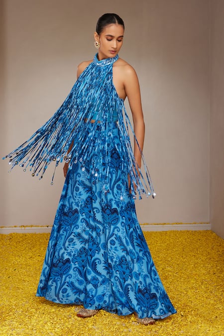 Nitara Dhanraj Label Blue Silk, Crepe Sequins Halter Neck Floral Mandala Print Fringed Top With Pant Online at Aza Fashions Nitara Dhanraj Label_Blue Silk, Crepe Sequins Halter Neck Floral Mandala Print Fringed Top With Pant _Online_at_Aza_Fashions
