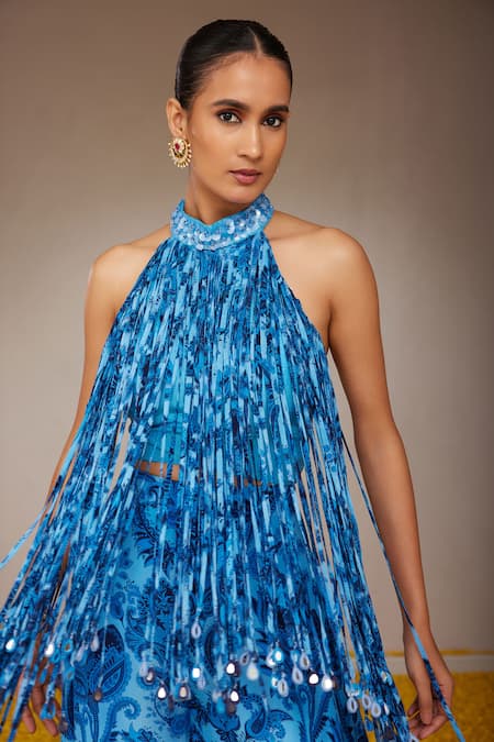 Shop Nitara Dhanraj Label Blue Silk, Crepe Sequins Halter Neck Floral Mandala Print Fringed Top With Pant Online at Aza Fashions Shop_Nitara Dhanraj Label_Blue Silk, Crepe Sequins Halter Neck Floral Mandala Print Fringed Top With Pant _Online_at_Aza_Fashions