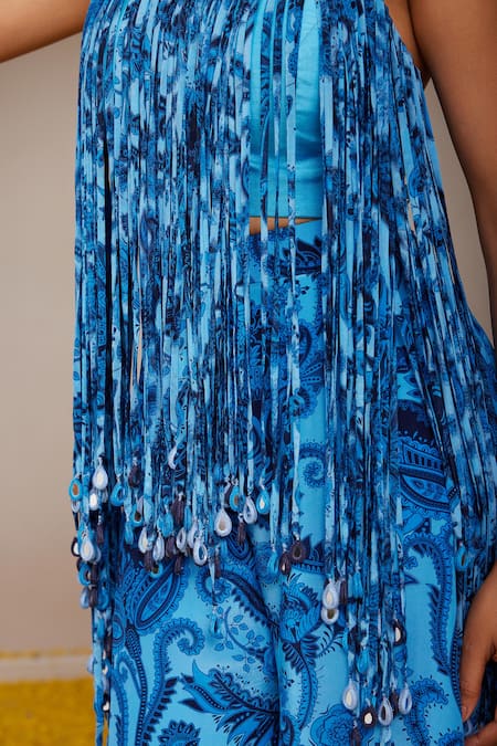 Buy Nitara Dhanraj Label Blue Silk, Crepe Sequins Halter Neck Floral Mandala Print Fringed Top With Pant Buy_Nitara Dhanraj Label_Blue Silk, Crepe Sequins Halter Neck Floral Mandala Print Fringed Top With Pant