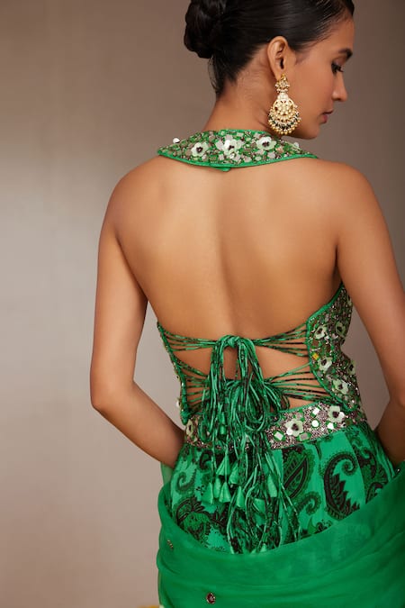 Nitara Dhanraj Label_Green Organza, Silk Mirrors, Floral Mandala Print Lehenga And Blouse Set _at_Aza_Fashions