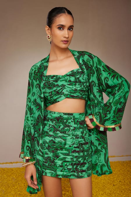 Buy_Nitara Dhanraj Label_Green Crepe Tassels Open Neck, Floral Mandala Print Jacket And Mini Skirt Set _Online_at_Aza_Fashions
