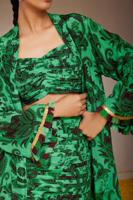 Shop_Nitara Dhanraj Label_Green Crepe Tassels Open Neck, Floral Mandala Print Jacket And Mini Skirt Set _Online_at_Aza_Fashions