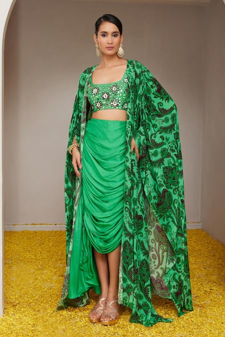 Nitara Dhanraj Label Flower Mandala Print Cape & Draped Skirt 