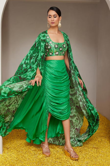 Nitara Dhanraj Label_Green Silk, Crepe Sequins, Embroidery Flower Mandala Print Cape And Draped Skirt _Online_at_Aza_Fashions