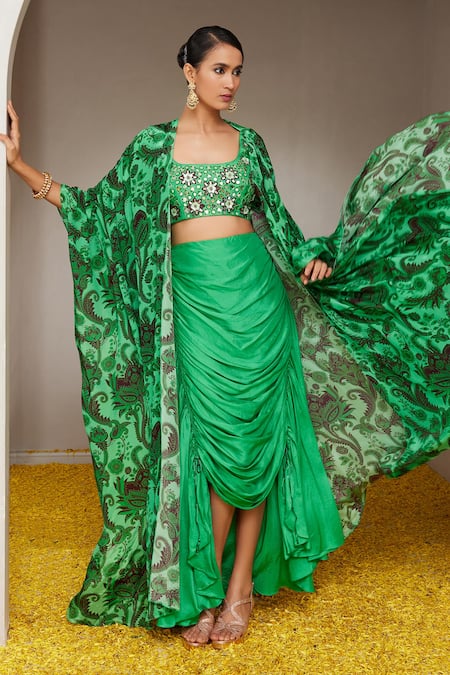 Buy_Nitara Dhanraj Label_Green Silk, Crepe Sequins, Embroidery Flower Mandala Print Cape And Draped Skirt _Online_at_Aza_Fashions