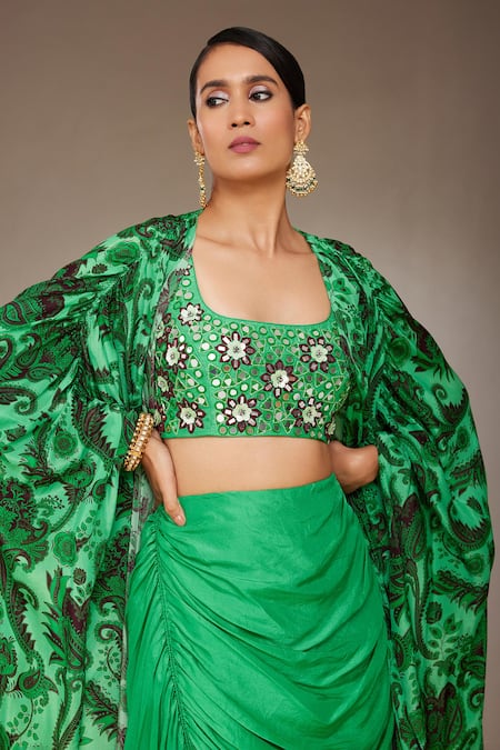 Shop_Nitara Dhanraj Label_Green Silk, Crepe Sequins, Embroidery Flower Mandala Print Cape And Draped Skirt _Online_at_Aza_Fashions