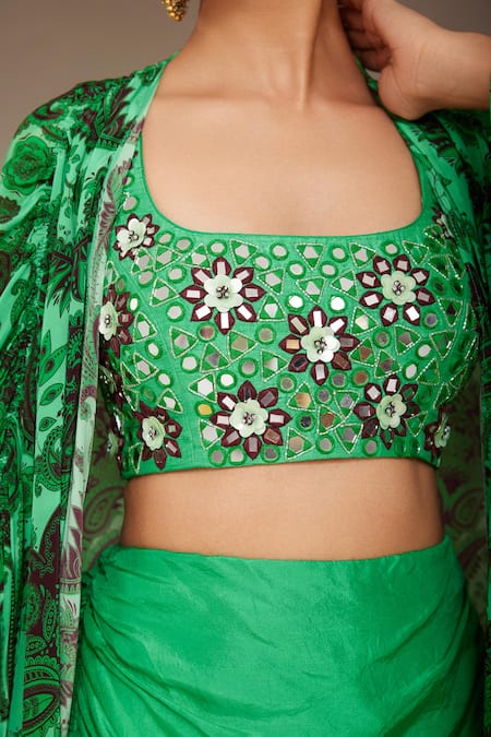 Nitara Dhanraj Label_Green Silk, Crepe Sequins, Embroidery Flower Mandala Print Cape And Draped Skirt _at_Aza_Fashions