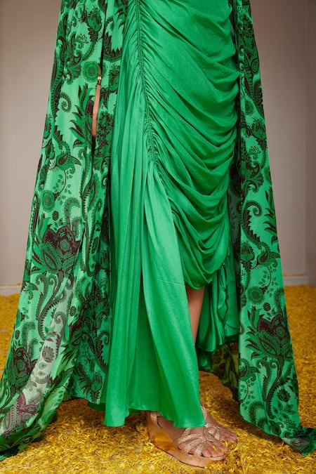 Buy_Nitara Dhanraj Label_Green Silk, Crepe Sequins, Embroidery Flower Mandala Print Cape And Draped Skirt 