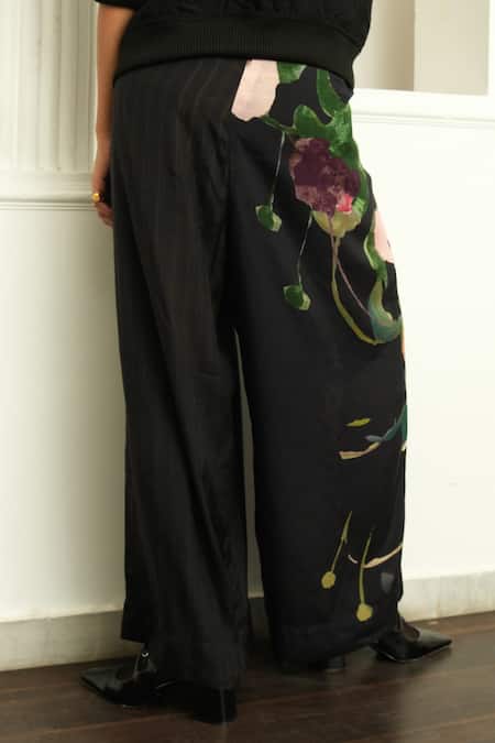 OFRIDA_Black Cotton, Silk Psyflora Pleated Pant _Online_at_Aza_Fashions