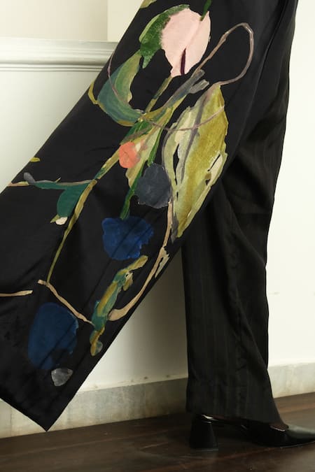 Shop_OFRIDA_Black Cotton, Silk Psyflora Pleated Pant _Online_at_Aza_Fashions