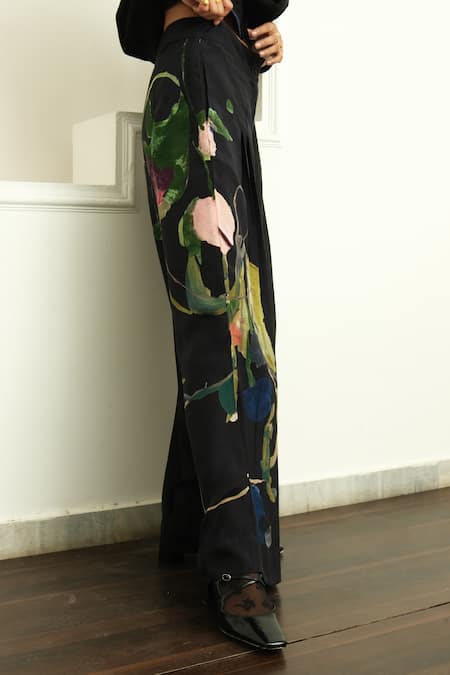 OFRIDA_Black Cotton, Silk Psyflora Pleated Pant _at_Aza_Fashions