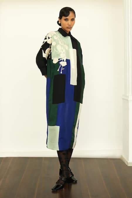 OFRIDA_Multi Color Silk Embroidery Collared Floral Patchwork Ivy Dress _Online_at_Aza_Fashions