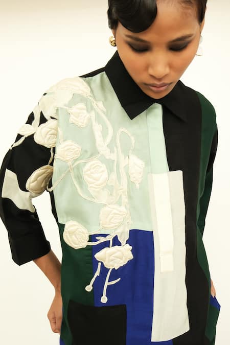 Buy_OFRIDA_Multi Color Silk Embroidery Collared Floral Patchwork Ivy Dress _Online_at_Aza_Fashions