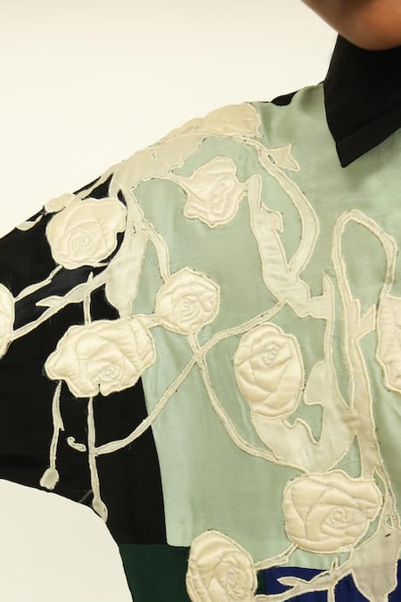 OFRIDA_Multi Color Silk Embroidery Collared Floral Patchwork Ivy Dress _at_Aza_Fashions