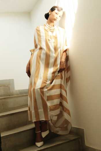 OFRIDA_White Cotton, Silk Beads V-neck Mangol Drape Dress_Online_at_Aza_Fashions