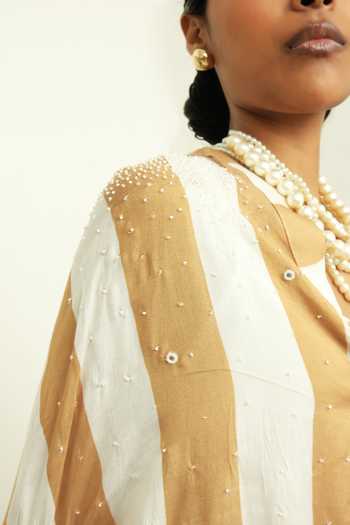 Shop_OFRIDA_White Cotton, Silk Beads V-neck Mangol Drape Dress_Online_at_Aza_Fashions