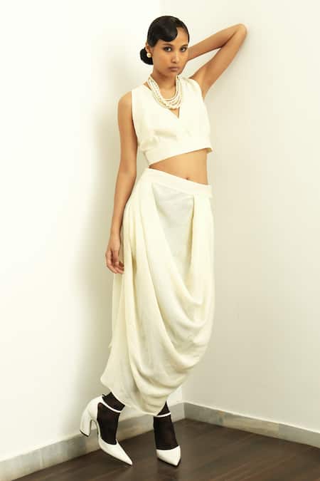 Ofrida Beige Raw Silk Plain Poem Draped Skirt 