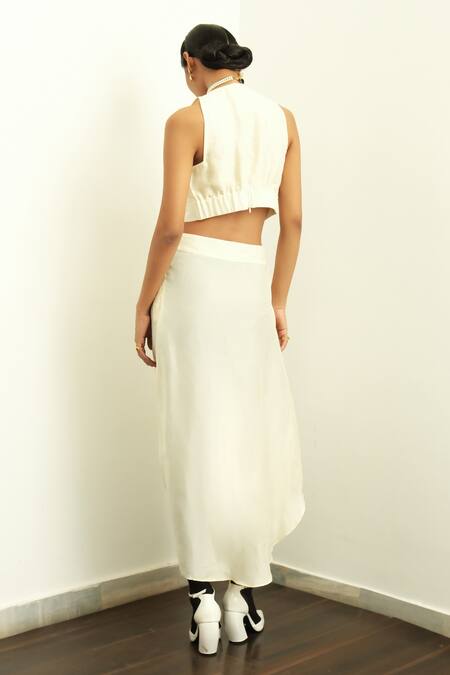 Shop OFRIDA Beige Silk Poem Draped Skirt at Aza Fashions Shop_OFRIDA_Beige Silk Poem Draped Skirt_at_Aza_Fashions