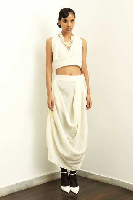 OFRIDA Beige Silk Poem Draped Skirt Online at Aza Fashions OFRIDA_Beige Silk Poem Draped Skirt_Online_at_Aza_Fashions