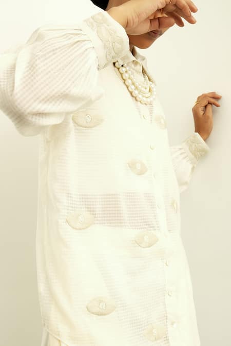 Buy OFRIDA Beige Satin Beads, Embroidery Collared Alchemy Eye Shirt Online at Aza Fashions Buy_OFRIDA_Beige Satin Beads, Embroidery Collared Alchemy Eye Shirt_Online_at_Aza_Fashions