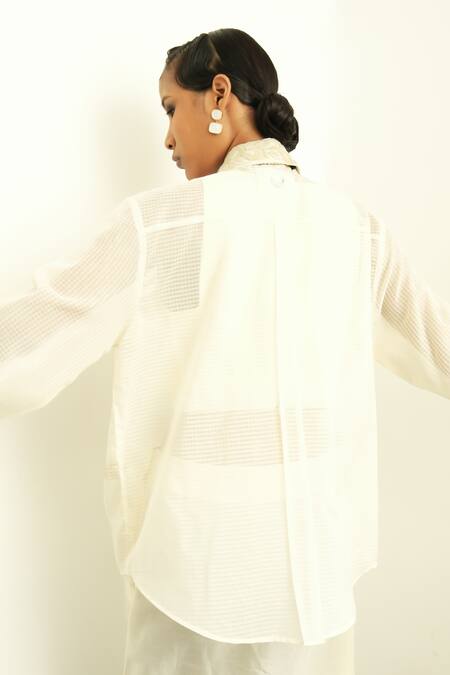 Shop OFRIDA Beige Satin Beads, Embroidery Collared Alchemy Eye Shirt Online at Aza Fashions Shop_OFRIDA_Beige Satin Beads, Embroidery Collared Alchemy Eye Shirt_Online_at_Aza_Fashions