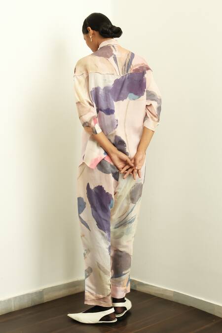 Shop_Ofrida_Multi Color Muslin Silk Blend Print Abstract Collar Nargis Watercolor Shirt _at_Aza_Fashions