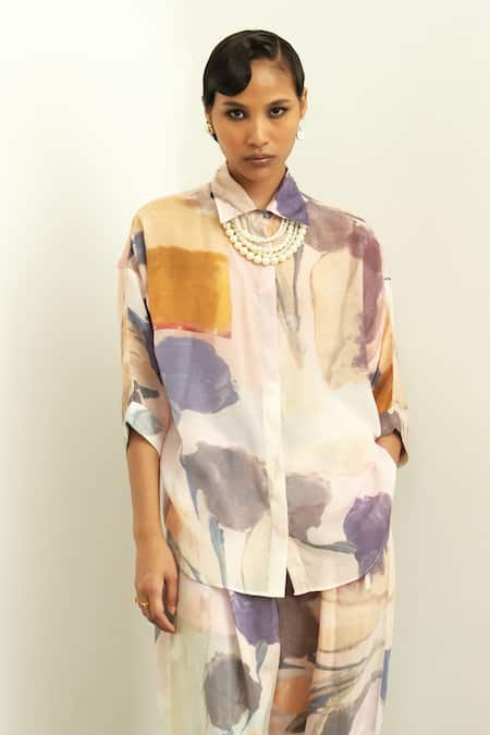 Ofrida_Multi Color Muslin Silk Blend Print Abstract Collar Nargis Watercolor Shirt _Online_at_Aza_Fashions