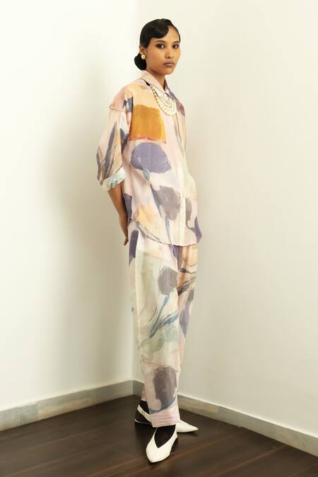 Buy_Ofrida_Multi Color Muslin Silk Blend Print Abstract Collar Nargis Watercolor Shirt _Online_at_Aza_Fashions