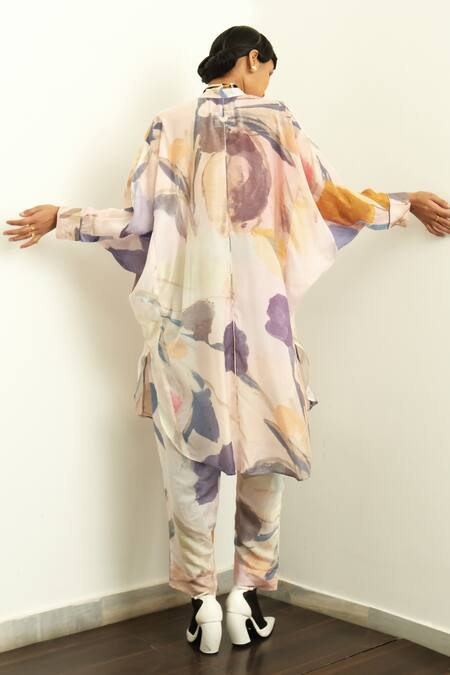 Shop_Ofrida_Multi Color Muslin Silk Blend Print Abstract Collar Nargis Watercolor Shirt _Online_at_Aza_Fashions