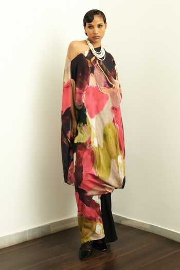 OFRIDA Multi Color Muslin, Silk One Shoulder Bloom Hot Drape Dress 3