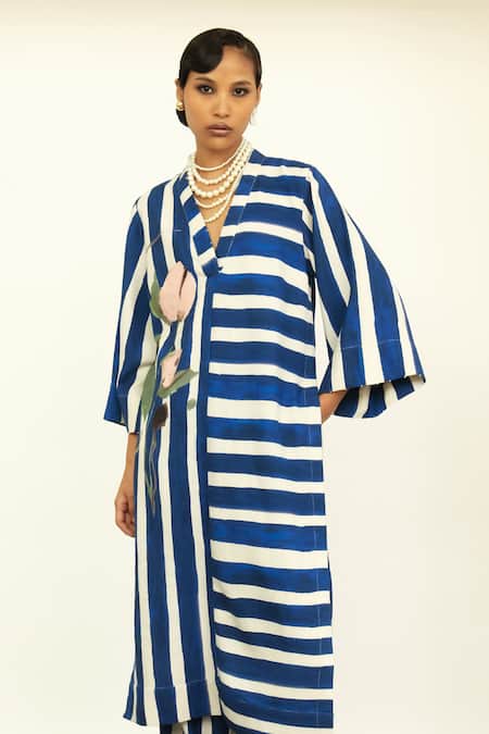 OFRIDA_Blue Twill, Linen Beads, Embroidery V-neck Stripe Print Straight Kurta _Online_at_Aza_Fashions