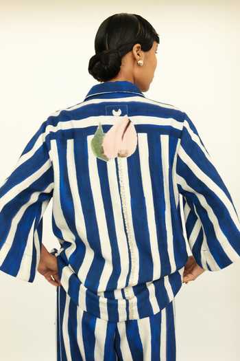 OFRIDA_Blue Twill, Linen Embroidery Collared Stripe And Floral Print Boxy Fit Shirt _Online_at_Aza_Fashions