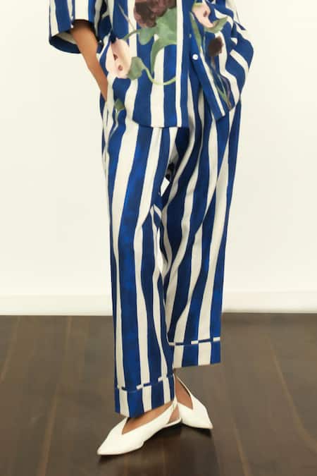 OFRIDA_Blue Twill, Linen Stripe Print Relaxed Fit Pant _Online_at_Aza_Fashions