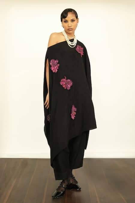 OFRIDA Silk Floral Embroidered Asymmetric Draped Tunic 