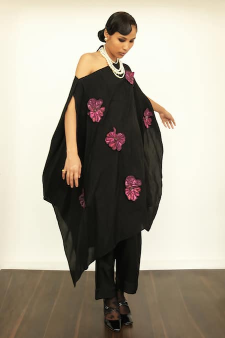 OFRIDA_Black Silk Embroidery One Shoulder Floral Asymmetric Draped Tunic _Online_at_Aza_Fashions