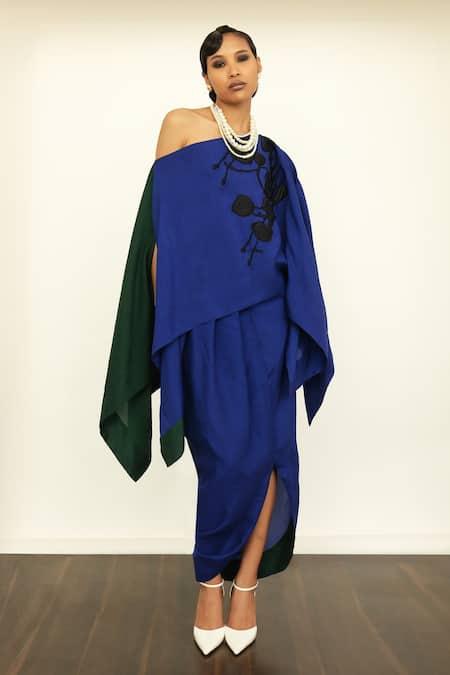 OFRIDA_Blue Silk Raw Asymmetric Draped Skirt _Online_at_Aza_Fashions