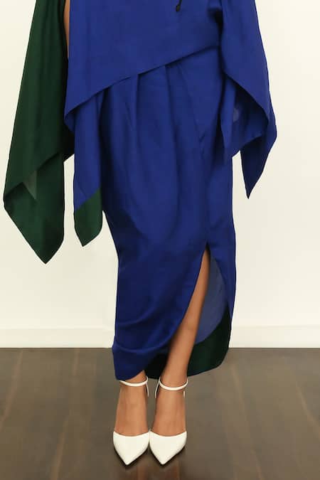 Buy_OFRIDA_Blue Silk Raw Asymmetric Draped Skirt _Online_at_Aza_Fashions