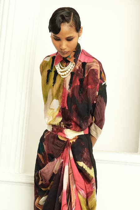 Ofrida_Multi Color Muslin Silk Blend Printed Bloom Hot Drape Skirt _Online_at_Aza_Fashions