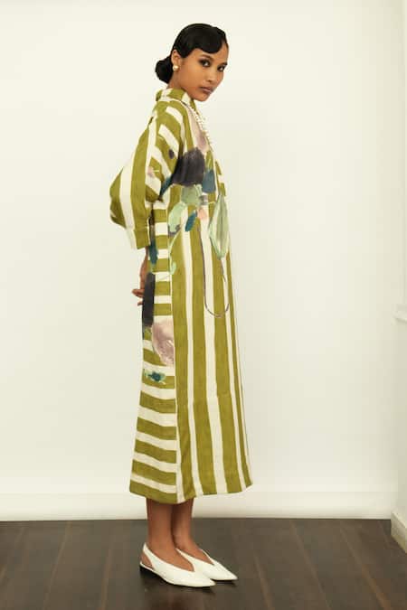 OFRIDA_Green Linen Embroidery Collared Olivia Print Psy Mh Dress _Online_at_Aza_Fashions