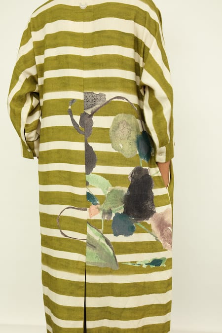 Buy_OFRIDA_Green Linen Embroidery Collared Olivia Print Psy Mh Dress _Online_at_Aza_Fashions