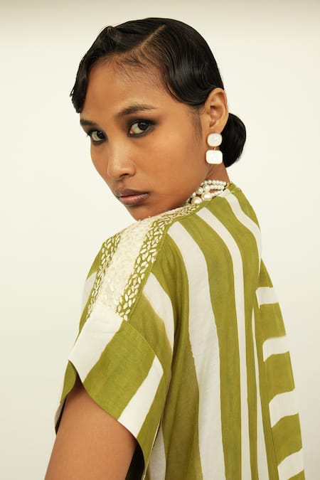 Buy_OFRIDA_Green Muslin, Silk Embroidery Round Neck Olivia Stripe Kaftan Kurta _Online_at_Aza_Fashions