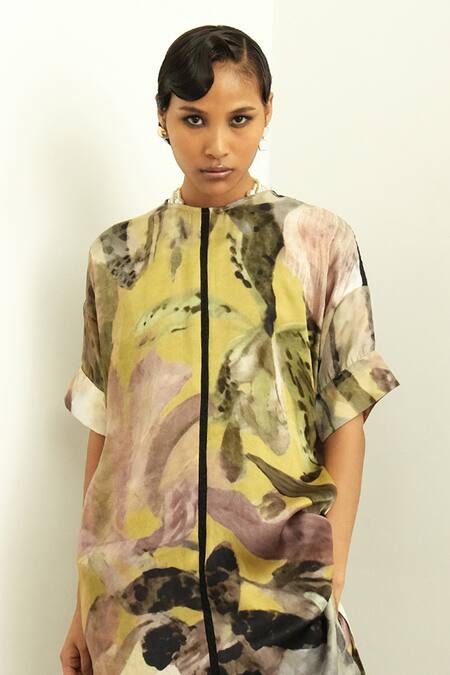OFRIDA Multi Color Gabardine Embroidery Round Neck Tropizeylo Print Kaftan Kurta Online at Aza Fashions OFRIDA_Multi Color Gabardine Embroidery Round Neck Tropizeylo Print Kaftan Kurta_Online_at_Aza_Fashions