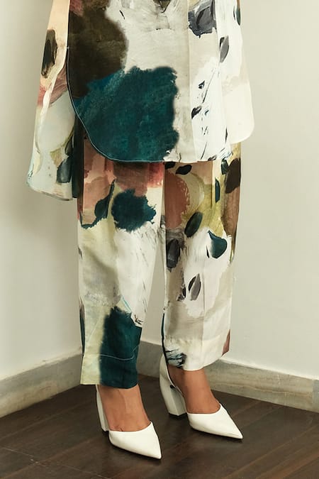 OFRIDA_Ivory Cotton Satin, Cotton, Moonbloom Printed Shirt Kurta With Tapering Pant _Online_at_Aza_Fashions