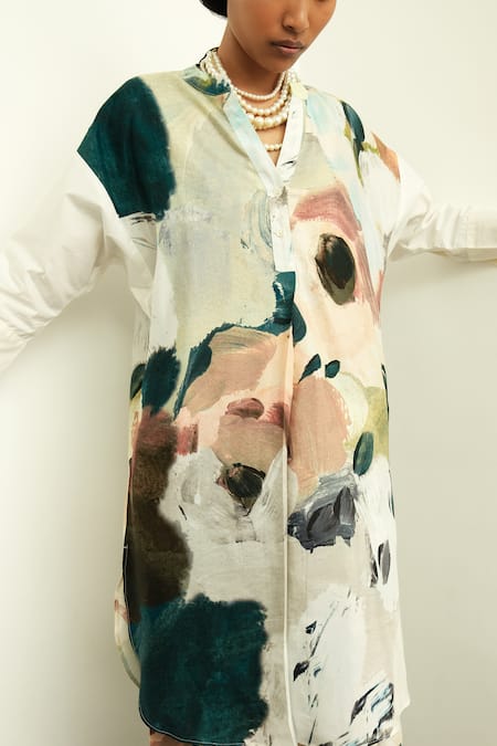 Buy_OFRIDA_Ivory Cotton Satin, Cotton, Moonbloom Printed Shirt Kurta With Tapering Pant _Online_at_Aza_Fashions